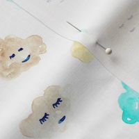 Mint and cream sleeping baby clouds - watercolor sweet night sky pattern for nursery kids in pastel shades - closed sleepy eyes a466-1