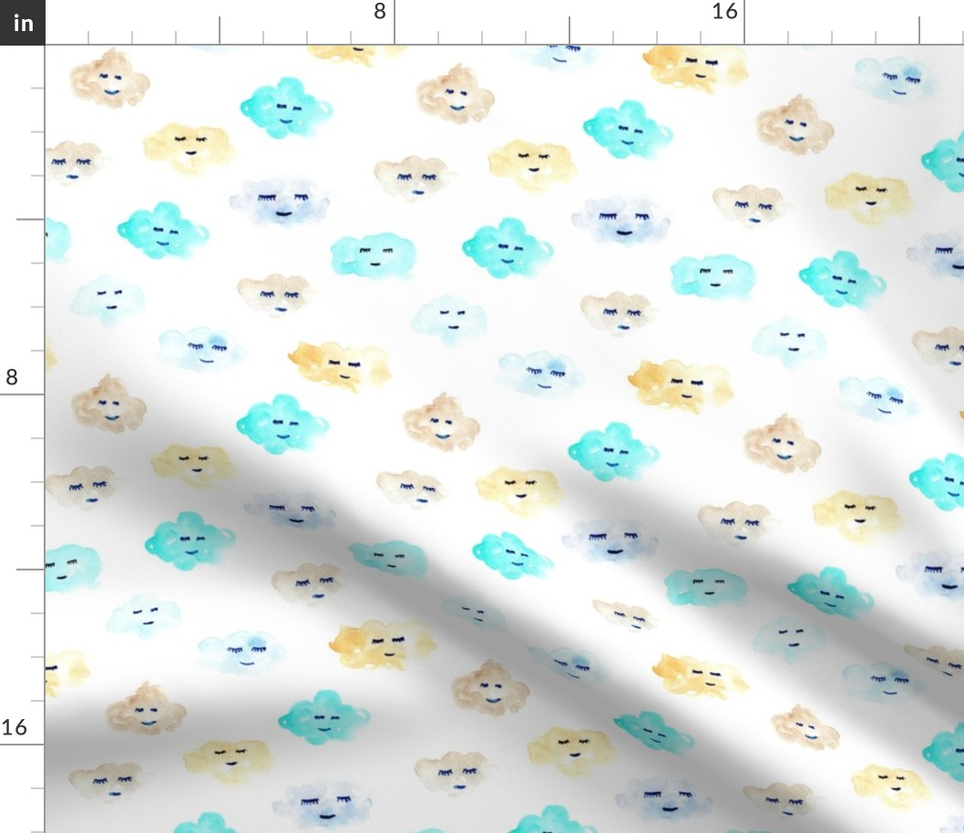 Mint and cream sleeping baby clouds - watercolor sweet night sky pattern for nursery kids in pastel shades - closed sleepy eyes a466-1