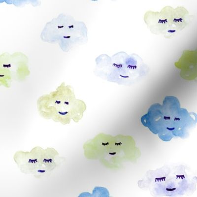 Blue and lemon sleeping baby clouds - watercolor sweet night sky pattern for nursery kids in pastel shades - closed sleepy eyes a466-2