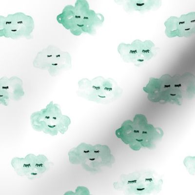 Mint sleeping baby clouds - watercolor sweet night sky pattern for nursery kids in pastel shades - closed sleepy eyes a466-12