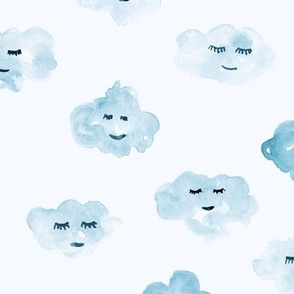 blue sleeping baby clouds - watercolor sweet night sky pattern for nursery kids in pastel shades - closed sleepy eyes a466-14