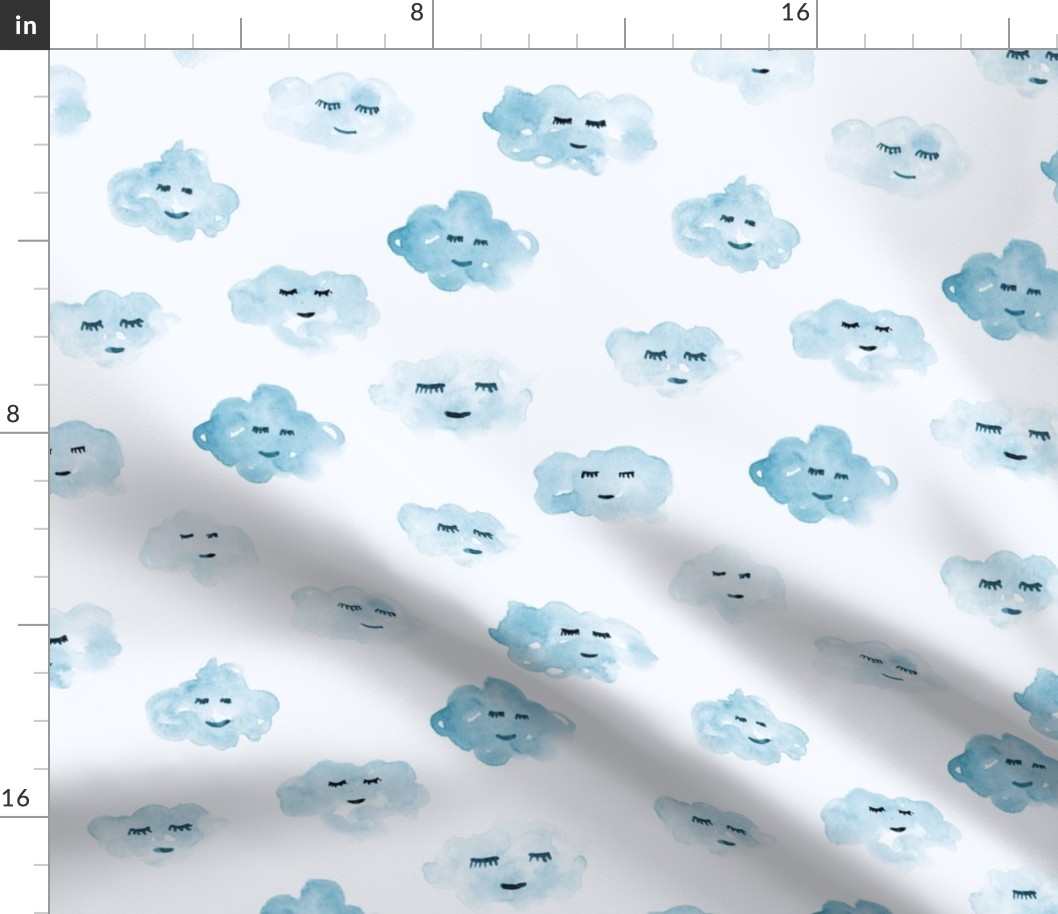 blue sleeping baby clouds - watercolor sweet night sky pattern for nursery kids in pastel shades - closed sleepy eyes a466-14