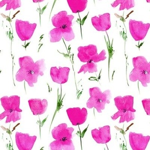 Magenta Poppies meadow in Tuscany - watercolor florals - painted loose stylized flowers a435-3