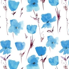 Baby blue Poppies meadow in Tuscany - watercolor florals - painted loose stylized flowers a435-4