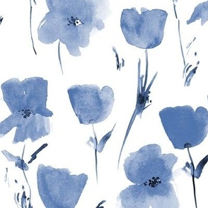 Denim blue Poppies meadow in Tuscany - watercolor florals - painted loose stylized flowers a435-6