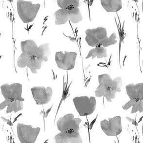Silver grey Poppies meadow in Tuscany - watercolor florals - painted loose stylized flowers a435-10