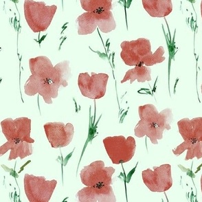 Poppies meadow in Tuscany - watercolor red florals on green - painted loose stylized flowers a435-12