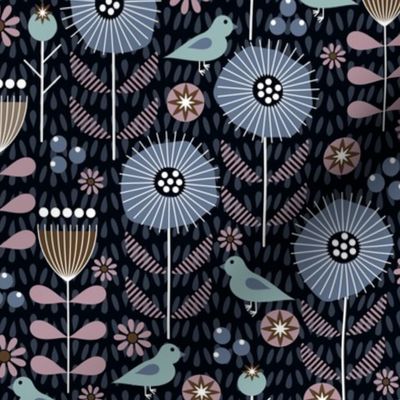 Calm Scandi Meadow / Midnight / Folk Art / Floral / Birds Flowers / Blue Mauve / Medium