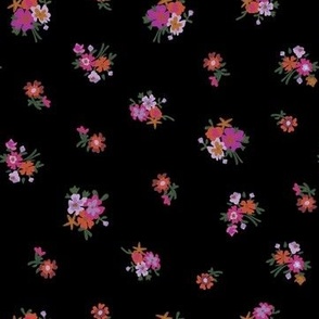 Larger Scale - Vintage Prairie Chintz Floral Bouquets in Black + Fuchsia