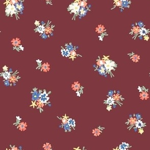 Larger Scale - Vintage Prairie Chintz Floral Bouquets in Burgundy