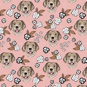 Blossom Labrador puppies with flowers and leaves freehand drawn dog illustration in beige blush orange vintage seventies palette