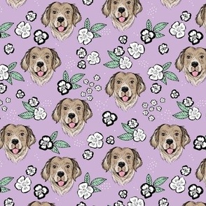 Blossom Labrador puppies with flowers and leaves freehand drawn dog illustration in lilac mint