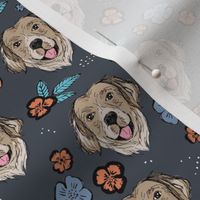Blossom Labrador puppies with flowers and leaves freehand drawn dog illustration in orange teal on charcoal gray