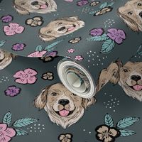 Blossom Labrador puppies with flowers and leaves freehand drawn dog illustration in pink teal on green charcoal gray 