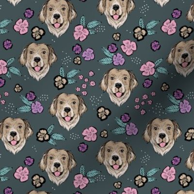 Blossom Labrador puppies with flowers and leaves freehand drawn dog illustration in pink teal on green charcoal gray 