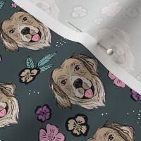 Blossom Labrador puppies with flowers and leaves freehand drawn dog illustration in pink teal on green charcoal gray 