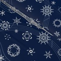 wind-blown musical snowflakes on navy