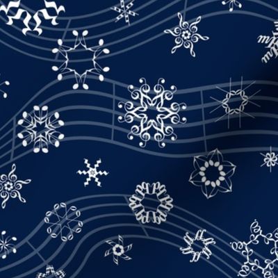 wind-blown musical snowflakes on navy