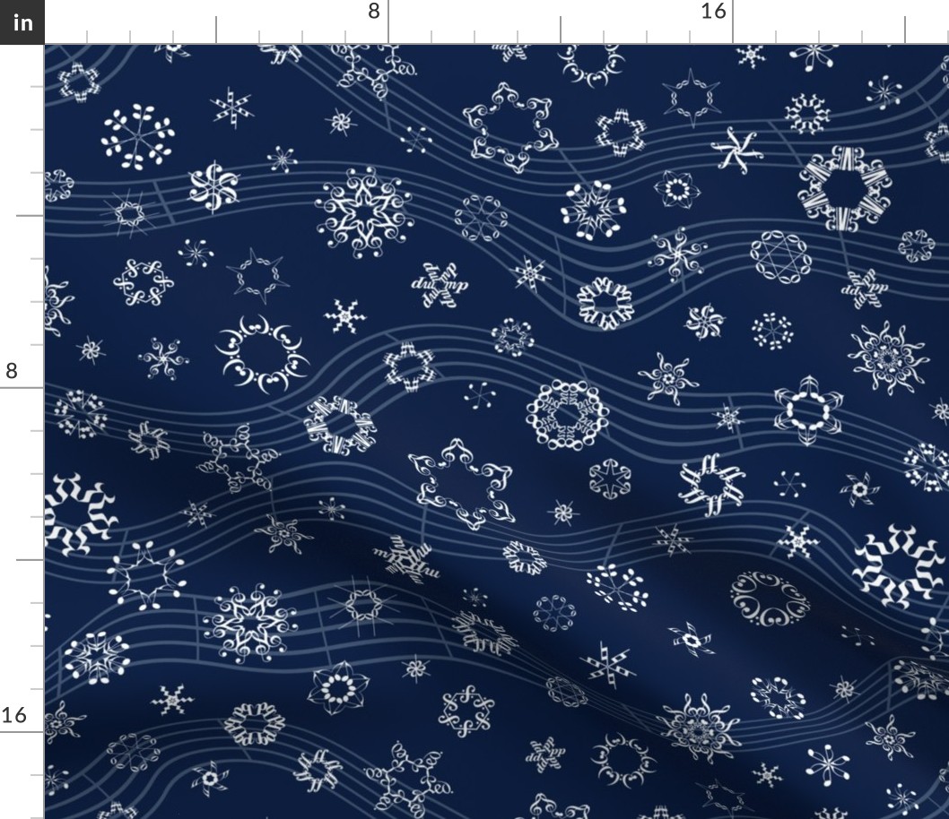 wind-blown musical snowflakes on navy