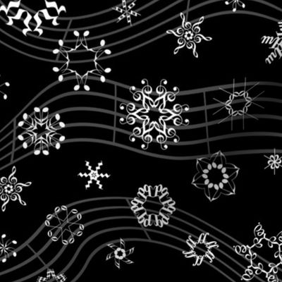 wind-blown musical snowflakes - white on black