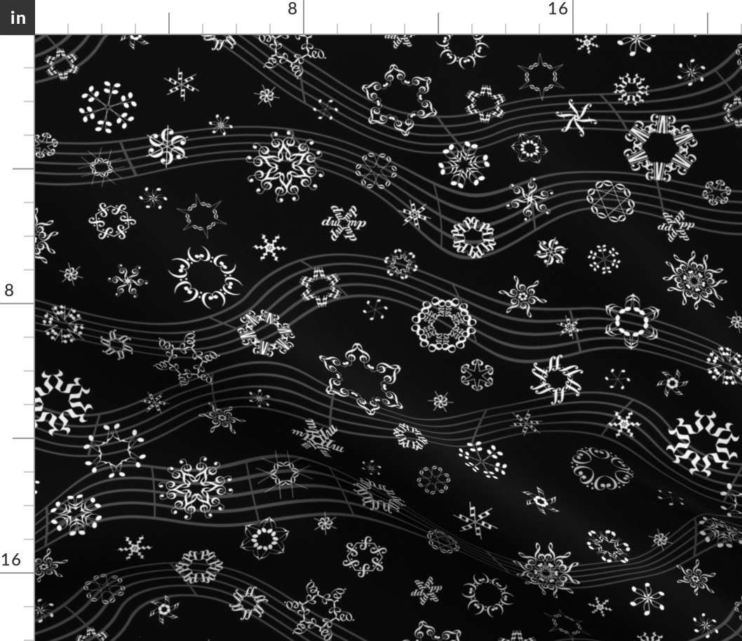 wind-blown musical snowflakes - white on black