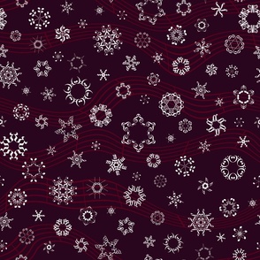 wind-blown musical snowflakes on burgundy