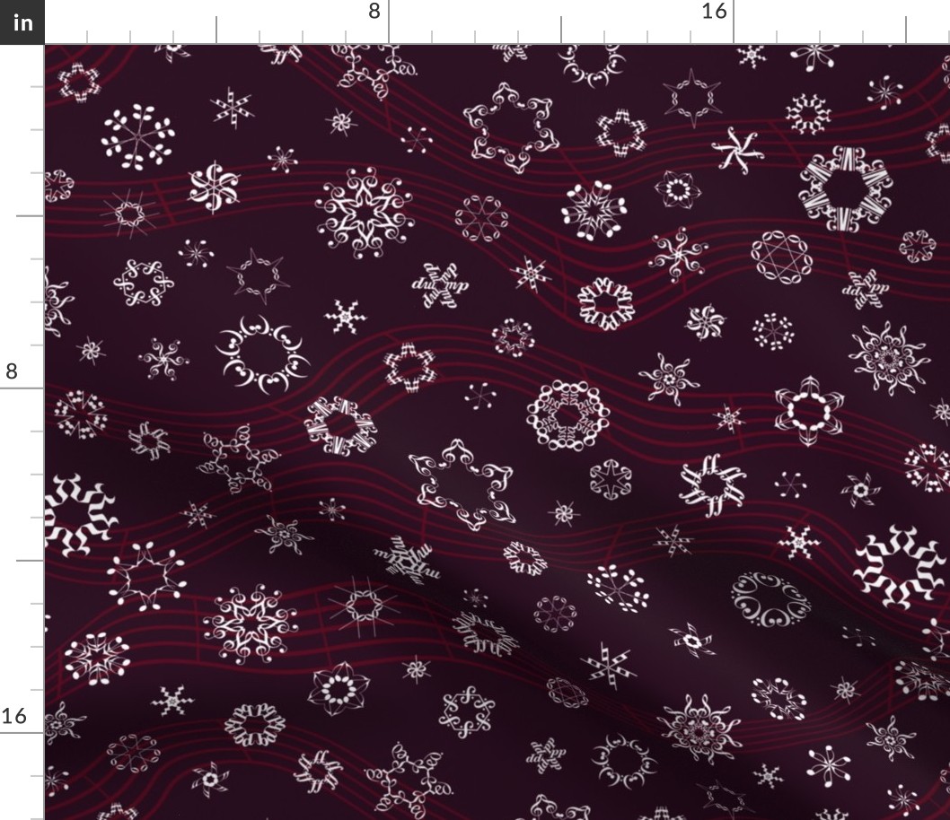 wind-blown musical snowflakes on burgundy