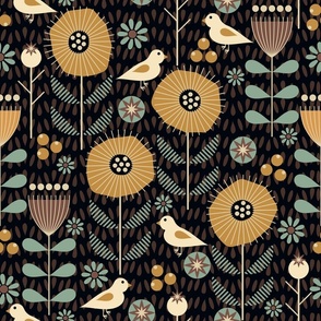 Calm Scandi Meadow / Folk Art / Floral / Birds Flowers / Black Gold / Large