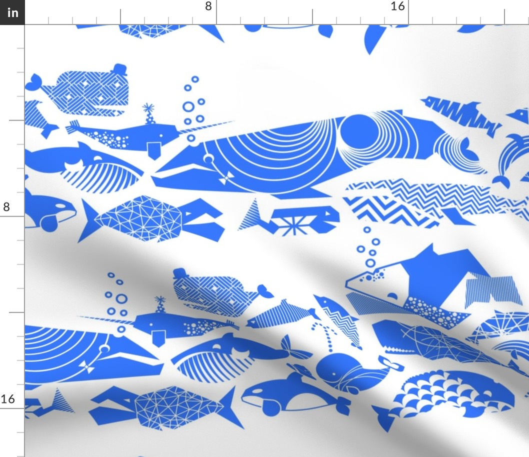 A Geometric Cetacean Parade - Bright Blue