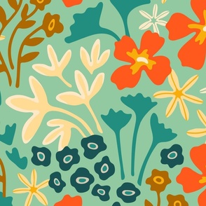 Profusion Bright Retro Tropical Floral Botanical in Orange Mint Teal Cream Yellow - LARGE Scale - UnBlink Studio by Jackie Tahara