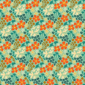 Profusion Bright Retro Tropical Floral Botanical in Orange Mint Teal Cream Yellow - SMALL Scale - UnBlink Studio by Jackie Tahara