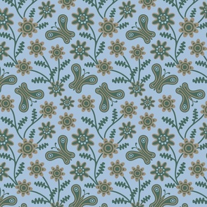 Butterfly Dreaming Ditsy Floral Botanical in Cottage Green Blue Brown - Petal Solids Coordinates - Sky Blue, Mushroom, Pine - SMALL Scale - UnBlink Studio by Jackie Tahara
