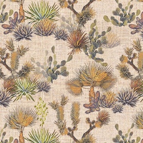 Desert Floral - Cactus, Agave, Palms, Yucca and Joshua Trees on Light Burlap