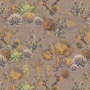 Desert Floral - Cactus, Agave, Palms, Yucca and Joshua Trees on jute brown