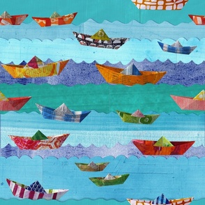 Origami boats on paper waves