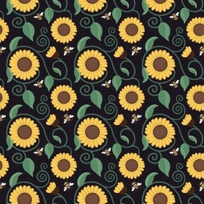 Art nouveau fluffy sunflowers on black 