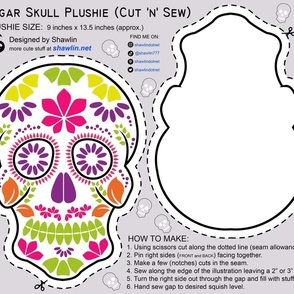 Cut and sew sugar skull Mexican calavera day of the dead  plushie stuffed toy pillow DIY project