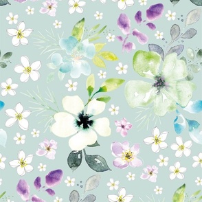 Loose watercolor white flowers with mint green from Anines Atelier. Use the design for cottage core interior or girls room décor.