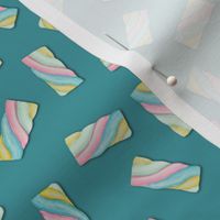 Marshmallow Smores? Christmas or Halloween Marshmallows in pastel colors on teal