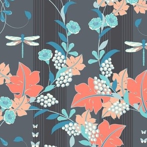 Romantic vine leaves and dragonflies, Peach on dark gray background