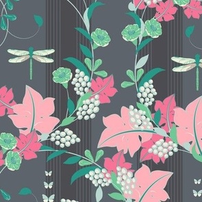 Romantic vine leaves and dragonflies, Pink on a dark gray background