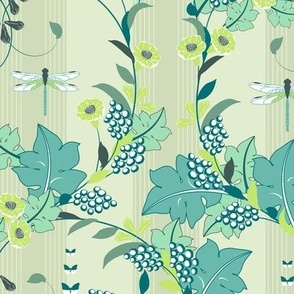 Romantic vine leaves and dragonflies, Turquoise on light green background