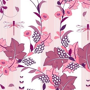 Romantic vine leaves and dragonflies, Pink on a white-pink background