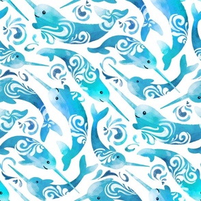 Playful Narwhals with Swirly Waves
