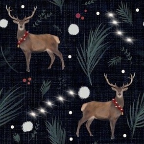 Medium Scale Festive Foliage Deer Denim Blue