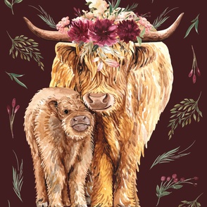 54"x72" highland cow original floral on maroon