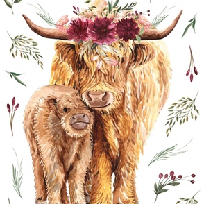 54"x72" highland cow original floral on white