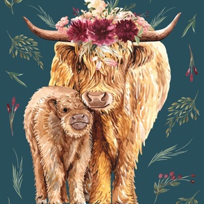 54"x72" highland cow original floral on teal