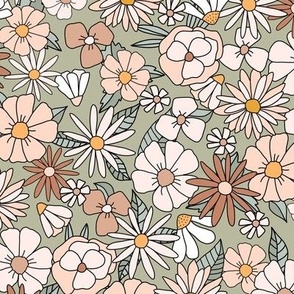 
70s spring Floral retro vintage flower power in peach brown sage green