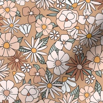 
70s Floral retro vintage flower power in peach tan brown